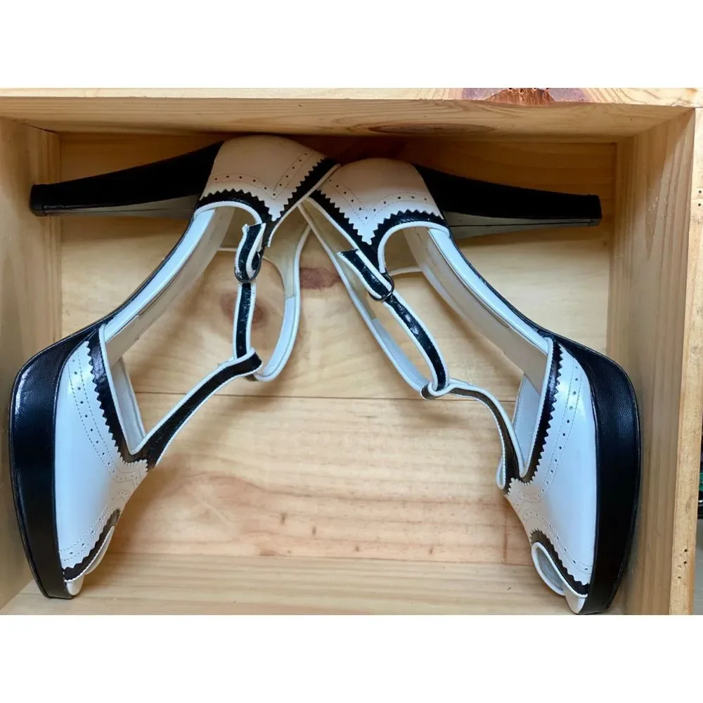 Via Spiga Leather B&W Spectator TStrap Peep Toe Platform Heel SZ 9 Made in Italy